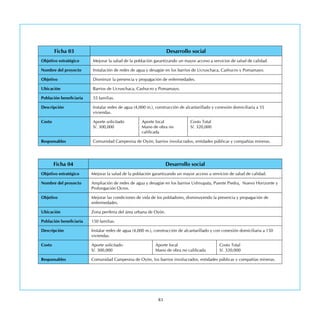 83
Ficha 03 Desarrollo social
Objetivo estratégico Mejorar la salud de la población garantizando un mayor acceso a servicios de salud de calidad.
Nombre del proyecto Instalación de redes de agua y desagüe en los barrios de Ucruschaca, Cashucro y Pomamayo.
Objetivo Disminuir la presencia y propagación de enfermedades.
Ubicación Barrios de Ucruschaca, Cashucro y Pomamayo.
Población beneficiaria 55 familias.
Descripción Instalar redes de agua (4,000 m.), construcción de alcantarillado y conexión domiciliaria a 55
viviendas.
Costo Aporte solicitado
S/. 300,000
Aporte local
Mano de obra no
calificada
Costo Total
S/. 320,000
Responsables Comunidad Campesina de Oyón, barrios involucrados, entidades públicas y compañías mineras.
Ficha 04 Desarrollo social
Objetivo estratégico Mejorar la salud de la población garantizando un mayor acceso a servicios de salud de calidad.
Nombre del proyecto Ampliación de redes de agua y desagüe en los barrios Ushnupata, Puente Piedra, Nuevo Horizonte y
Prolongación Ocros.
Objetivo Mejorar las condiciones de vida de los pobladores, disminuyendo la presencia y propagación de
enfermedades.
Ubicación Zona periferia del área urbana de Oyón.
Población beneficiaria 150 familias.
Descripción Instalar redes de agua (4,000 m.), construcción de alcantarillado y con conexión domiciliaria a 150
viviendas.
Costo Aporte solicitado
S/. 300,000
Aporte local
Mano de obra no calificada
Costo Total
S/. 320,000
Responsables Comunidad Campesina de Oyón, los barrios involucrados, entidades públicas y compañías mineras.
 