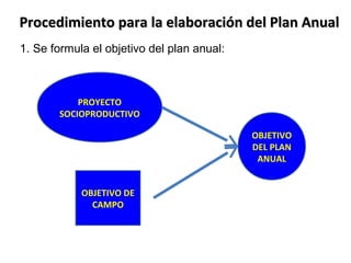 Procedimiento para la elaboración del Plan AnualProcedimiento para la elaboración del Plan Anual
1. Se formula el objetivo del plan anual:
OBJETIVO DE
CAMPO
PROYECTO
SOCIOPRODUCTIVO
OBJETIVO
DEL PLAN
ANUAL
 