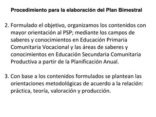 2. Formulado el objetivo, organizamos los contenidos con
mayor orientación al PSP; mediante los campos de
saberes y conocimientos en Educación Primaria
Comunitaria Vocacional y las áreas de saberes y
conocimientos en Educación Secundaria Comunitaria
Productiva a partir de la Planificación Anual.
3. Con base a los contenidos formulados se plantean las
orientaciones metodológicas de acuerdo a la relación:
práctica, teoría, valoración y producción.
Procedimiento para la elaboración del Plan BimestralProcedimiento para la elaboración del Plan Bimestral
 