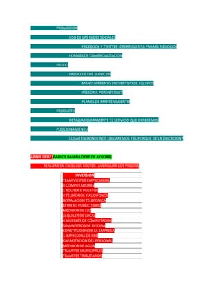 PROMOCION

                     USO DE LAS REDES SOCIALES

                            FACEBOOK Y TWITTER (CREAR CUENTA PARA EL NEGOCIO)

                     FORMAS DE COMERCIALIZACION

            PRECIO

                     PRECIO DE LOS SERVICIOS

                            MANTENIMIENTO PREVENTIVO DE EQUIPOS

                            ASESORIA POR INTERNET

                            PLANES DE MANTENIMIENTO

            PRODUCTO

                     DETALLAR CLARAMENTE EL SERVICIO QUE OFRECEMOS

            POSICIONAMIENTO

                     LUGAR EN DONDE NOS UBICAREMOS Y EL PORQUE DE LA UBICACIÓN?



ANNIE CRUZ (CARLOS BAJAÑA DEBE DE AYUDAR)

      REALIZAR EN EXCEL LOS COSTOS- AVERIGUAR LOS PRECIOS

                       INVERSION
                TEAM VIEWER EMPRESARIAL
                4 COMPUTADORAS
                1 ROUTER 8 PUERTOS
                4 TELEFONOS Y AUDIFONOS
                INSTALACION TELEFONICA
                LETRERO PUBLICITARIO
                MEDIDOR DE LUZ
                ALQUILER DE LOCAL
                4 MUEBLES DE COMPUTADOR
                SUMINISTROS DE OFICINA
                CONSTITUCION DE LA EMPRESA
                1 IMPRESORA DE RED
                CAPACITACION DEL PERSONAL
                MEDIDOR DE AGUA
                TRAMITES MUNICIPALES
                TRAMITES TRIBUTARIOS
 
