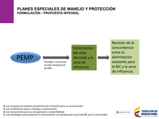 PLANES ESPECIALES DE MANEJO Y PROTECCIÓN
FORMULACIÓN – PROPUESTA INTEGRAL
2. Las acciones de carácter preventivo y/o correctivo para su conservación.
4. Los mecanismos para su recuperación y sostenibilidad.
5. Las estrategias para propiciar el conocimiento y la apropiación social del BIC por la comunidad.
3. Las condiciones para su manejo y conservación.
Delimitación
del área
afectada y la
zona de
influencia
PEMP
Revisión de la
concordancia
entre la
delimitación
existente para
el BIC y la zona
de influencia.
Proteger y conservar
el valor excepcional
del BIC:
 