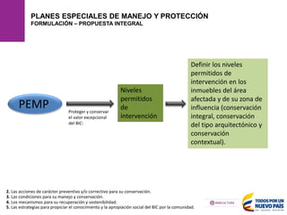 PLANES ESPECIALES DE MANEJO Y PROTECCIÓN
FORMULACIÓN – PROPUESTA INTEGRAL
2. Las acciones de carácter preventivo y/o correctivo para su conservación.
4. Los mecanismos para su recuperación y sostenibilidad.
5. Las estrategias para propiciar el conocimiento y la apropiación social del BIC por la comunidad.
3. Las condiciones para su manejo y conservación.
Niveles
permitidos
de
intervención
PEMP
Definir los niveles
permitidos de
intervención en los
inmuebles del área
afectada y de su zona de
influencia (conservación
integral, conservación
del tipo arquitectónico y
conservación
contextual).
Proteger y conservar
el valor excepcional
del BIC:
 