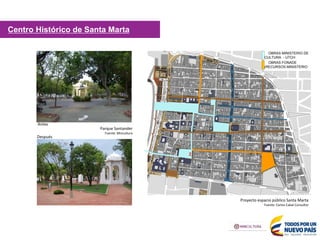 OBRAS MINISTERIO DE
CULTURA - UTCH
OBRAS FONADE
(RECURSOS MINISTERIO
2
Proyecto espacio público Santa Marta
Fuente: Carlos Cabal Consultor
Parque Santander
Fuente: Mincultura
Antes
Después
Centro Histórico de Santa Marta
 