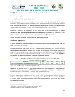 194
3.4.4.2.2. Dimensión transversal fortalecimiento de la autoridad sanitaria
Componentes principales:
 fortalecimiento de la autoridad sanitaria
Es Dinámico: porque deberá ser reorientado permanentemente a partir de la evaluación de sus propios
resultados y de los cambios ocurridos en el entorno social enmarcado en el proceso de planeación territorial
(DNP), definido en la Ley orgánica 152 de 1994 (Congreso de la República de Colombia, 1994) y la Resolución
1536 del 2015, mediante la cual se adopta la Metodología para planeación Integral en Salud.
Asumiendo la estructura del Plan decenal de Salud Pública, este se encuentra armonizado con el Plan
Territorial en Salud 2016-2019 del departamento de La Guajira, que fue adaptado a la problemática actual
del territorio y se establece un diagnóstico para su construcción de la siguiente manera:
3.4.4.3. Dimensión transversal fortalecimiento de la autoridad sanitaria
3.4.4.2.3.1. El aseguramiento
El espíritu de cobertura universal consagrado en la Constitución se fijó como un proceso gradual, en el cual
según informes del nivel nacional.
En el Departamento de La Guajira la afiliación al Sistema General de Seguridad social en Salud ha venido
logrando avances significativos en todos los años, lo cual se ve reflejado en el aumento de las coberturas de
aseguramiento, las cuales presentan un porcentaje que alcanza a corte 31 de Diciembre de 2015 91.82 %. Esto
indica que de la totalidad de la población del Departamento según proyecciones del DANE es de 957.797, de
las cuales 876.516 se encuentran afiliadas a alguno de los regímenes de salud.
Tabla 4.1. Porcentaje de Coberturas de Aseguramiento en Salud, La Guajira 2011 – 2015
A corte 30 de Diciembre de 2015
DESCRIPCIÓN 2011 2012 2013 2014 2015
Cobertura Afiliación al Sistema General de Seguridad Social en Salud 91,47 96,12 92,84 92,59 91,82
Fuente: Oficina de Aseguramiento – Secretaria de Salud Departamental
De acuerdo con datos del SISPRO3
, la cobertura del Departamento asciende a diciembre de 2015 a 876.66
afiliados, el cual al compararlo a los 957.797 habitantes proyectados por el DANE genera una diferencia de
81.281 ciudadanos sin aseguramiento a los cuales se les denomina vinculados.
La nación asigna recursos al Departamento para atender 18.000 vinculados pero sin bases de datos, esto
implica que estas coberturas que se dan por capitación, genere un alto riesgo financiero para la red pública a
la cual se le asignan recursos para atender 18.000 usuarios no asegurados pero en la práctica debe atender
81.281 según cifras oficiales4
.
3
Sistema de Información del Ministerio de la Protección Social
4
El sistema transfiere el riesgo a la red pública hospitalaria.
 