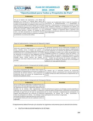 304
Problemática Necesidad
Uno de los factores más importantes y más difíciles de
garantizar es el acceso a la vivienda digna; dentro del
restablecimiento de derechos es elemental que las víctimas
accedan a la vivienda digna, sin embargo sus altos costos y los
bajos presupuestos de los territorios impiden que se puedan
aplicar este tipo de programas con mayor cobertura. Otro de
los factores esenciales y difíciles de garantizar, es el auto
sostenimiento personal o familiar, sin embargo los altos
costos y los bajos presupuestos se convierten en barreras
para garantizar y proveer proyectos productivos sostenibles,
que beneficien a las víctimas del conflicto.
Se requiere que la gobernación lidere a través de la gestión, la
concurrencia, la complementariedad y la subsidiariedad el
desarrollo e implementación de proyectos de vivienda de interés
social, proyectos productivos y de generación de ingresos, de
manera coordinada y articulada con el gobierno nacional y los entes
territoriales. También es importante aplicar y garantizar unos
porcentajes de beneficiarios víctimas en cada uno de los proyectos
que se desarrollen.
Etapa de Implementación y Componente de Reparación Integral:
Problemática Necesidad
Dentro de la reparación integral el acceso a la restitución de
tierras, vivienda, acceso a empleos que generen una
estabilidad económica, acceso a créditos para el desarrollo y
fortalecimiento de la sostenibilidad financiera y las medidas
de satisfacción se convierten en retos obligatorios que hay
que garantizar a la población víctima del conflicto; sin
embargo existen muchas barreras que impiden su
consecución, entre ellas la falta de recursos como el factor
principal.
Es pertinente coordinarse con las instituciones encargadas en la
restitución de tierras y de vivienda, para apoyar la implementación
de estos programas en el territorio; de igual forma es pertinente
generar estrategias de empleo rural y urbano que garanticen una
estabilidad económica en la población víctima del conflicto, y el
acceso a créditos que apunten al desarrollo financiero y el auto
sostenimiento de los hogares y el mejoramiento de su calidad de
vida. También hay que promover las acciones enfocadas a la
implementación de medidas de satisfacción de las comunidades o
población con mayor grado de afectación.
Etapa de Implementación y Componente de Verdad y Justicia:
Problemática Necesidad
Uno de los componentes que ha tenido menos impulso y
aplicabilidad en el departamento es el acceso a la verdad y la
construcción de memoria histórica; y este componente es
fundamental dentro del proceso de restablecimiento de
derechos de la población víctima.
Se requiere que se promuevan procesos de construcción,
recuperación, difusión y preservación de la memoria histórica del
conflicto armado que afecto directamente el departamento de La
Guajira.
Etapa de Implementación y Componente de Participación Efectiva:
Problemática Necesidad
De las 131.904 víctimas registradas en el departamento de La
Guajira solo el 25% está organizado y pertenece a algún tipo
de organización de víctimas u organización defensora de los
derechos de las víctimas; estas organizaciones están
registradas ante las personerías municipales y la Defensoría
del Pueblo; de igual forma de allí salen los representantes
elegidos democráticamente que conforman las diferentes
mesas de participación de víctimas. Sin embargo el bajo
porcentaje de población organizada afecta de manera directa
la participación efectiva del resto de la población víctima no
organizada.
Es pertinente que se genere una estrategia y acciones específicas en
materia de apoyo y fortalecimiento, conformación y funcionamiento
de las mesas municipales y departamental de participación, las
organizaciones de víctimas (OV y ODV), promoviendo la
participación de las víctimas no organizadas
El departamento deberá formular y/o actualizar los siguientes instrumentos para la atención de víctimas
 POLÍTICA PÚBLICA DEPARTAMENTAL DE VÍCTIMAS
 