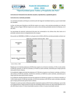 246
3.4.4.2.8.2.2.6. Promoción de los derechos sexuales y reproductivos y equidad de género:
3.4.4.2.8.2.2.6.1. Controles prenatales
Los controles prenatales contribuyen a la disminución del riesgo de mortalidad materna y a que la maternidad
sea saludable.
La línea de base para Colombia es de 65% de mujeres con cuatro o más controles prenatales en el año de
1990. La meta es llegar al 90% de mujeres con cuatro o más controles prenatales durante el embarazo, en el
año 2015.
Los porcentajes de atención institucional del parto han aumentado en los últimos diez años tanto en el
promedio nacional como en el departamento de La Guajira.
De acuerdo con SINFONÍA y el DANE, en La Guajira entre el 2012 y 2013 los controles prenatales se dieron así:
Tabla 4.61. Consultas maternas 2012 - 2013
Total Población
2012
Cero consultas 1176 8,9%
Una consulta 455 3,5%
Dos consultas 633 4,8%
Tres consultas 1029 7,8%
Cuatro o más consultas 9815 74,6%
Consultas no conocidas 46 0,3%
Indígenas
2013
Cero consultas 667 17,4%
Una consulta 247 6,4%
Dos consultas 358 9,3%
Tres consultas 318 8,3%
Cuatro o más consultas 2228 58,0%
Consultas no conocidas 23 0,6%
Negro(a), mulato, afrocolombiano
2013
Cero consultas 16 3,9%
Una consulta 5 1,2%
Dos consultas 8 2,0%
Tres consultas 17 4,2%
Cuatro o más consultas 356 87,5%
Consultas no conocidas 5 1,2%
Fuente: Sinfonía - DANE
Resalta que en el total de embarazos el 8.9% de las mujeres no se hicieron controles, el 3.5% un solo control,
el 4.8% dos controles, el 7.8% tres controles y el 74.6% los cuatro controles, aclarando que la mayor parte de
estos partos fueron urbanos.
En la población indígena del total de embarazos el 17.4% de las mujeres no se hicieron controles, el 6.4% un
solo control, el 9.3% dos controles, el 8.3% tres controles y el 58.0% los cuatro controles, aclarando que la
mayor parte de estos partos fueron urbanos.
En la población afrodescendientes del total de embarazos el 3.9% de las mujeres no se hicieron controles, el
1.2% un solo control, el 2.0% dos controles, el 4.2% tres controles y el 87.5% los cuatro controles, aclarando
que la mayor parte de estos partos fueron urbanos.
Teniendo en cuenta que estos embarazos podrían representar apenas el 20.5 % de los embarazos que se dan
en el Departamento, explica porque las tasas de mortalidad materna fueron tan altas donde Manaure en el
año 2013 elevo la tasa a 17 veces el promedio nacional y Uribía a 11 veces el promedio nacional.
 