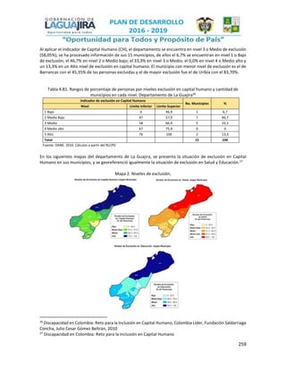 259
Al aplicar el indicador de Capital Humano (CH), el departamento se encuentra en nivel 3 o Medio de exclusión
(58,05%), se ha procesado información de sus 15 municipios, de ellos el 6,7% se encuentran en nivel 1 o Bajo
de exclusión; el 46,7% en nivel 2 o Medio bajo; el 33,3% en nivel 3 o Medio; el 0,0% en nivel 4 o Medio alto y
un 13,3% en un Alto nivel de exclusión en capital humano. El municipio con menor nivel de exclusión es el de
Barrancas con el 45,35% de las personas excluidas y el de mayor exclusión fue el de Uribía con el 83,70%.
Tabla 4.81. Rangos de porcentaje de personas por niveles exclusión en capital humano y cantidad de
municipios en cada nivel. Departamento de La Guajira26
Indicador de exclusión en Capital Humano
No. Municipios %
Nivel Límite Inferior Límite Superior
1 Bajo 0 46,9 1 6,7
2 Medio Bajo 47 57,9 7 46,7
3 Medio 58 66,9 5 33,3
4 Medio alto 67 75,9 0 0
5 Alto 76 100 2 13,3
Total 15 100
Fuente: DANE. 2010. Cálculos a partir del RLCPD
En los siguientes mapas del departamento de La Guajira, se presenta la situación de exclusión en Capital
Humano en sus municipios, y se georeferenció igualmente la situación de exclusión en Salud y Educación.27
Mapa 2. Niveles de exclusión.
26
Discapacidad en Colombia: Reto para la Inclusión en Capital Humano, Colombia Líder, Fundación Saldarriaga
Concha, Julio Cesar Gómez Beltrán, 2010
27
Discapacidad en Colombia: Reto para la Inclusión en Capital Humano
 