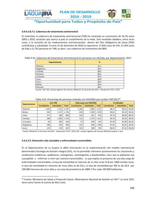 266
3.4.4.2.8.7.5. Cobertura de tratamiento antiretroviral
En Colombia, la cobertura de tratamiento antirretroviral (TAR) ha mostrado un crecimiento de 33,7% entre
2003 y 2010, situación que acerca al país al cumplimiento de la meta. Este resultado obedece, entre otras
cosas, a la inclusión de los medicamentos antirretrovirales dentro del Plan Obligatorio de Salud (POS)
contributivo y subsidiado. A corte 31 de diciembre de 2010 se reportaron 17.820 casos de VIH, 13.104 casos
de Sida y 21.791 personas en TAR; es decir, una cobertura de tratamiento del 80%.
Tabla 4.91. Cobertura de tratamiento antirretroviral en personas con vih/sida, por departamento, 2011
Departamento %
Atlántico 91,1
Magdalena 89,1
Córdoba 88,5
Nacional 88,1
La Guajira 87,0
Cesar 86,8
Sucre 86,0
Bolívar 85,0
Nacional 88,1
Fuente: CAC VIH, incluye régimen de Fuerzas, Medición 31 de enero de 2012 - Resolución 4725 / 2012
Tabla 4.92. Porcentaje de personas viviendo con VIH/SIDA que reciben TAR 201230
Departamento
Con TAR Total casos con VIH/SIDA % indicador
Contributivo Subsidiado Total Contributivo Subsidiado Total Contributivo Subsidiado Total
Atlántico 1.205 1.510 2.781 1.366 1.686 3.122 88,21 89,56 89,08
Bolívar 569 1.127 1.730 628 1.249 1.918 90,61 90,23 90,20
Cesar 217 580 804 234 667 910 92,74 86,96 88,35
Córdoba 286 1.059 1.370 315 1.270 1.613 90,79 83,39 84,93
La Guajira 63 300 364 72 349 422 87,50 85,96 86,26
Magdalena 290 700 999 331 849 1.189 87,61 82,45 84,02
Sucre 123 514 647 143 588 744 86,01 87,41 86,96
Fuente: Medición 31 de enero de 2013 - Resolución 4725 / 2012 CAC Incluye régimen de Fuerzas Militares Guajira 1 caso
3.4.4.2.9. Dimensión vida saludable y enfermedades transmisibles
En el Departamento de La Guajira la débil articulación en la implementación del modelo intersectorial
denominado Estrategia de Gestión Integral (EGI), no ha permitido intervenir positivamente las situaciones y
condiciones endémicas, epidémicas, emergentes, reemergentes y desatendidas, hace que la población sea
susceptible a enfermar o morir por eventos transmisibles. Lo que explica la presencia de una alta carga de
enfermedades transmisibles, la tasa de mortalidad en menores de un año es de 19.8 por 1000 nacidos vivos,
la tasa de mortalidad en menores de cinco años es de 24,1, la tasa de mortalidad por IRA es de 20,4 por
100.000 menores de cinco años y una tasa de prevalencia de 2885.5 Por cada 100.000 habitantes.
30
Fuente: Ministerio de Salud y Protección Social. Observatorio Nacional de Gestión en VIH.* La serie 2011
tiene como fuente la Cuenta de Alto Costo
 
