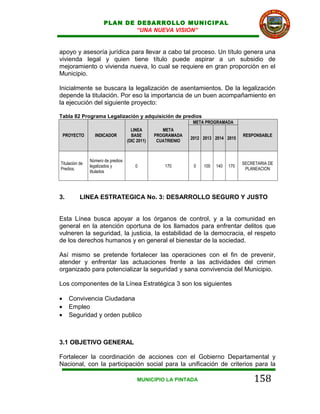 PLAN DE DESARROLLO MUNICIPAL
                               “UNA NUEVA VISION”


apoyo y asesoría jurídica para llevar a cabo tal proceso. Un título genera una
vivienda legal y quien tiene título puede aspirar a un subsidio de
mejoramiento o vivienda nueva, lo cual se requiere en gran proporción en el
Municipio.

Inicialmente se buscara la legalización de asentamientos. De la legalización
depende la titulación. Por eso la importancia de un buen acompañamiento en
la ejecución del siguiente proyecto:

Tabla 82 Programa Legalización y adquisición de predios
                                                                META PROGRAMADA
                                      LINEA         META
    PROYECTO      INDICADOR           BASE       PROGRAMADA                           RESPONSABLE
                                                               2012 2013 2014 2015
                                    (DIC 2011)    CUATRIENIO



                Número de predios
Titulación de                                                                         SECRETARIA DE
                legalizados y           0            170        0   100   140   170
Predios.                                                                               PLANEACION
                titulados




3.         LINEA ESTRATEGICA No. 3: DESARROLLO SEGURO Y JUSTO


Esta Línea busca apoyar a los órganos de control, y a la comunidad en
general en la atención oportuna de los llamados para enfrentar delitos que
vulneren la seguridad, la justicia, la estabilidad de la democracia, el respeto
de los derechos humanos y en general el bienestar de la sociedad.

Así mismo se pretende fortalecer las operaciones con el fin de prevenir,
atender y enfrentar las actuaciones frente a las actividades del crimen
organizado para potencializar la seguridad y sana convivencia del Municipio.

Los componentes de la Línea Estratégica 3 son los siguientes

•     Convivencia Ciudadana
•     Empleo
•     Seguridad y orden publico



3.1 OBJETIVO GENERAL

Fortalecer la coordinación de acciones con el Gobierno Departamental y
Nacional, con la participación social para la unificación de criterios para la

                                         MUNICIPIO LA PINTADA                             158
 
