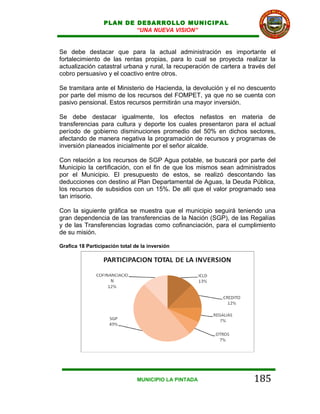 PLAN DE DESARROLLO MUNICIPAL
                          “UNA NUEVA VISION”


Se debe destacar que para la actual administración es importante el
fortalecimiento de las rentas propias, para lo cual se proyecta realizar la
actualización catastral urbana y rural, la recuperación de cartera a través del
cobro persuasivo y el coactivo entre otros.

Se tramitara ante el Ministerio de Hacienda, la devolución y el no descuento
por parte del mismo de los recursos del FOMPET, ya que no se cuenta con
pasivo pensional. Estos recursos permitirán una mayor inversión.

Se debe destacar igualmente, los efectos nefastos en materia de
transferencias para cultura y deporte los cuales presentaron para el actual
período de gobierno disminuciones promedio del 50% en dichos sectores,
afectando de manera negativa la programación de recursos y programas de
inversión planeados inicialmente por el señor alcalde.

Con relación a los recursos de SGP Agua potable, se buscará por parte del
Municipio la certificación, con el fin de que los mismos sean administrados
por el Municipio. El presupuesto de estos, se realizó descontando las
deducciones con destino al Plan Departamental de Aguas, la Deuda Pública,
los recursos de subsidios con un 15%. De allí que el valor programado sea
tan irrisorio.

Con la siguiente gráfica se muestra que el municipio seguirá teniendo una
gran dependencia de las transferencias de la Nación (SGP), de las Regalías
y de las Transferencias logradas como cofinanciación, para el cumplimiento
de su misión.

Grafica 18 Participación total de la inversión




                                MUNICIPIO LA PINTADA                   185
 