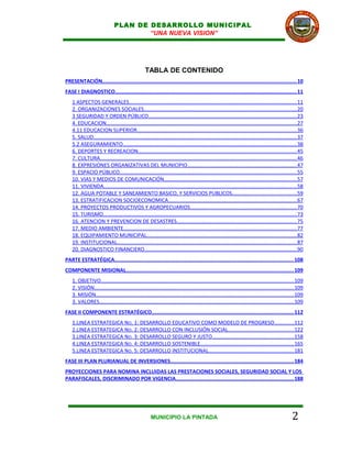 PLAN DE DESARROLLO MUNICIPAL
                                       “UNA NUEVA VISION”




                                                   TABLA DE CONTENIDO
PRESENTACIÓN............................................................................................................................. 10
FASE I DIAGNOSTICO..................................................................................................................... 11
    1 ASPECTOS GENERALES.................................................................................................................. 11
    2. ORGANIZACIONES SOCIALES........................................................................................................ 20
    3 SEGURIDAD Y ORDEN PÚBLICO..................................................................................................... 23
    4. EDUCACION.................................................................................................................................. 27
    4.11 EDUCACION SUPERIOR............................................................................................................. 36
    5. SALUD.......................................................................................................................................... 37
    5.2 ASEGURAMIENTO...................................................................................................................... 38
    6. DEPORTES Y RECREACION............................................................................................................ 45
    7. CULTURA...................................................................................................................................... 46
    8. EXPRESIONES ORGANIZATIVAS DEL MUNICIPIO.......................................................................... 47
    9. ESPACIO PÚBLICO......................................................................................................................... 55
    10. VIAS Y MEDIOS DE COMUNICACIÓN.......................................................................................... 57
    11. VIVIENDA.................................................................................................................................... 58
    12. AGUA POTABLE Y SANEAMIENTO BASICO, Y SERVICIOS PUBLICOS............................................ 59
    13. ESTRATIFICACION SOCIOECONOMICA....................................................................................... 67
    14. PROYECTOS PRODUCTIVOS Y AGROPECUARIOS........................................................................ 70
    15. TURISMO.................................................................................................................................... 73
    16. ATENCION Y PREVENCION DE DESASTRES.................................................................................. 75
    17. MEDIO AMBIENTE...................................................................................................................... 77
    18. EQUIPAMIENTO MUNICIPAL...................................................................................................... 82
    19. INSTITUCIONAL.......................................................................................................................... 87
    20. DIAGNOSTICO FINANCIERO........................................................................................................ 90
PARTE ESTRATÉGICA................................................................................................................... 108
COMPONENTE MISIONAL............................................................................................................ 109
    1. OBJETIVO.................................................................................................................................... 109
    2. VISIÓN........................................................................................................................................ 109
    3. MISIÓN....................................................................................................................................... 109
    3. VALORES..................................................................................................................................... 109
FASE II COMPONENTE ESTRATÉGICO........................................................................................... 112
    1.LINEA ESTRATEGICA NO. 1: DESARROLLO EDUCATIVO COMO MODELO DE PROGRESO.............112
    2.LINEA ESTRATEGICA NO. 2: DESARROLLO CON INCLUSIÓN SOCIAL............................................. 122
    3.LINEA ESTRATEGICA NO. 3: DESARROLLO SEGURO Y JUSTO........................................................ 158
    4.LINEA ESTRATEGICA NO. 4: DESARROLLO SOSTENIBLE................................................................ 165
    5.LINEA ESTRATEGICA NO. 5: DESARROLLO INSTITUCIONAL.......................................................... 181
FASE III PLAN PLURIANUAL DE INVERSIONES............................................................................... 184
PROYECCIONES PARA NOMINA INCLUIDAS LAS PRESTACIONES SOCIALES, SEGURIDAD SOCIAL Y LOS
PARAFISCALES, DISCRIMINADO POR VIGENCIA............................................................................ 188




                                                      MUNICIPIO LA PINTADA                                                                       2
 