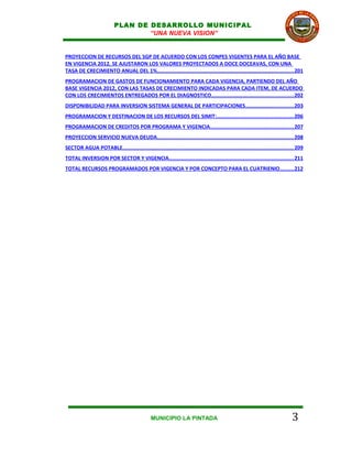 PLAN DE DESARROLLO MUNICIPAL
                                   “UNA NUEVA VISION”


PROYECCION DE RECURSOS DEL SGP DE ACUERDO CON LOS CONPES VIGENTES PARA EL AÑO BASE
EN VIGENCIA 2012, SE AJUSTARON LOS VALORES PROYECTADOS A DOCE DOCEAVAS, CON UNA
TASA DE CRECIMIENTO ANUAL DEL 1%........................................................................................ 201
PROGRAMACION DE GASTOS DE FUNCIONAMIENTO PARA CADA VIGENCIA, PARTIENDO DEL AÑO
BASE VIGENCIA 2012, CON LAS TASAS DE CRECIMIENTO INDICADAS PARA CADA ITEM, DE ACUERDO
CON LOS CRECIMIENTOS ENTREGADOS POR EL DIAGNOSTICO..................................................... 202
DISPONIBILIDAD PARA INVERSION SISTEMA GENERAL DE PARTICIPACIONES ............................... 203
PROGRAMACION Y DESTINACION DE LOS RECURSOS DEL SIMIT:.................................................. 206
PROGRAMACION DE CREDITOS POR PROGRAMA Y VIGENCIA...................................................... 207
PROYECCION SERVICIO NUEVA DEUDA........................................................................................ 208
SECTOR AGUA POTABLE.............................................................................................................. 209
TOTAL INVERSION POR SECTOR Y VIGENCIA................................................................................ 211
TOTAL RECURSOS PROGRAMADOS POR VIGENCIA Y POR CONCEPTO PARA EL CUATRIENIO .........212




                                               MUNICIPIO LA PINTADA                                                           3
 