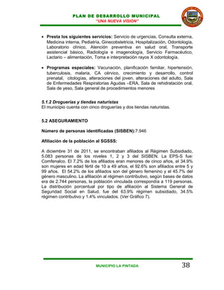 PLAN DE DESARROLLO MUNICIPAL
                        “UNA NUEVA VISION”


• Presta los siguientes servicios: Servicio de urgencias, Consulta externa,
  Medicina interna, Pediatría, Ginecobstetricia, Hospitalización, Odontología,
  Laboratorio clínico, Atención preventiva en salud oral, Transporte
  asistencial básico, Radiología e imagenología, Servicio Farmacéutico,
  Lactario – alimentación, Toma e interpretación rayos X odontología.

• Programas especiales: Vacunación, planificación familiar, hipertensión,
  tuberculosis, malaria, CA cérvico, crecimiento y desarrollo, control
  prenatal, citologías, alteraciones del joven, alteraciones del adulto, Sala
  de Enfermedades Respiratorias Agudas –ERA, Sala de rehidratación oral,
  Sala de yeso, Sala general de procedimientos menores


5.1.2 Droguerías y tiendas naturistas
El municipio cuenta con cinco droguerías y dos tiendas naturistas.


5.2 ASEGURAMIENTO

Número de personas identificadas (SISBEN):7.946

Afiliación de la población al SGSSS:

A diciembre 31 de 2011, se encontraban afiliados al Régimen Subsidiado,
5.083 personas de los niveles 1, 2 y 3 del SISBEN. La EPS-S fue:
Comfenalco. El 7.2% de los afiliados eran menores de cinco años, el 34.9%
son mujeres en edad fértil de 10 a 49 años, el 92.6% son afiliados entre 5 y
99 años. El 54.2% de los afiliados son del género femenino y el 45.7% del
género masculino. La afiliación al régimen contributivo, según bases de datos
era de 2.744 personas, la población vinculada correspondía a 119 personas.
La distribución porcentual por tipo de afiliación al Sistema General de
Seguridad Social en Salud, fue del 63.9% régimen subsidiado, 34.5%
régimen contributivo y 1.4% vinculados. (Ver Gráfico 7).




                            MUNICIPIO LA PINTADA                        38
 