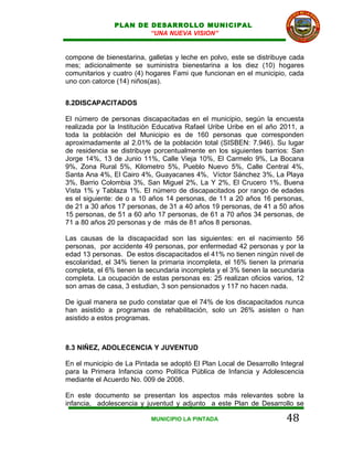 PLAN DE DESARROLLO MUNICIPAL
                       “UNA NUEVA VISION”


compone de bienestarina, galletas y leche en polvo, este se distribuye cada
mes; adicionalmente se suministra bienestarina a los diez (10) hogares
comunitarios y cuatro (4) hogares Fami que funcionan en el municipio, cada
uno con catorce (14) niños(as).


8.2DISCAPACITADOS

El número de personas discapacitadas en el municipio, según la encuesta
realizada por la Institución Educativa Rafael Uribe Uribe en el año 2011, a
toda la población del Municipio es de 160 personas que corresponden
aproximadamente al 2.01% de la población total (SISBEN: 7.946). Su lugar
de residencia se distribuye porcentualmente en los siguientes barrios: San
Jorge 14%, 13 de Junio 11%, Calle Vieja 10%, El Carmelo 9%, La Bocana
9%, Zona Rural 5%, Kilometro 5%, Pueblo Nuevo 5%, Calle Central 4%,
Santa Ana 4%, El Cairo 4%, Guayacanes 4%, Víctor Sánchez 3%, La Playa
3%, Barrio Colombia 3%, San Miguel 2%, La Y 2%, El Crucero 1%, Buena
Vista 1% y Tablaza 1%. El número de discapacitados por rango de edades
es el siguiente: de o a 10 años 14 personas, de 11 a 20 años 16 personas,
de 21 a 30 años 17 personas, de 31 a 40 años 19 personas, de 41 a 50 años
15 personas, de 51 a 60 año 17 personas, de 61 a 70 años 34 personas, de
71 a 80 años 20 personas y de más de 81 años 8 personas.

Las causas de la discapacidad son las siguientes: en el nacimiento 56
personas, por accidente 49 personas, por enfermedad 42 personas y por la
edad 13 personas. De estos discapacitados el 41% no tienen ningún nivel de
escolaridad, el 34% tienen la primaria incompleta, el 16% tienen la primaria
completa, el 6% tienen la secundaria incompleta y el 3% tienen la secundaria
completa. La ocupación de estas personas es: 25 realizan oficios varios, 12
son amas de casa, 3 estudian, 3 son pensionados y 117 no hacen nada.

De igual manera se pudo constatar que el 74% de los discapacitados nunca
han asistido a programas de rehabilitación, solo un 26% asisten o han
asistido a estos programas.



8.3 NIÑEZ, ADOLECENCIA Y JUVENTUD

En el municipio de La Pintada se adoptó El Plan Local de Desarrollo Integral
para la Primera Infancia como Política Pública de Infancia y Adolescencia
mediante el Acuerdo No. 009 de 2008.

En este documento se presentan los aspectos más relevantes sobre la
infancia, adolescencia y juventud y adjunto a este Plan de Desarrollo se

                           MUNICIPIO LA PINTADA                       48
 