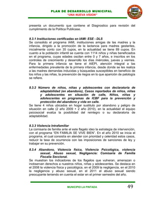 PLAN DE DESARROLLO MUNICIPAL
                        “UNA NUEVA VISION”


presenta un documento que contiene el Diagnostico para revisión del
cumplimiento de la Política Publicase.


8.3.1 Instituciones certificadas en IAMI: ESE - DLS
Se consolido el programa IAMI, instituciones amigas de las madres y la
infancia, dirigido a la promoción de la lactancia para madres gestantes,
inicialmente conto con 35 cupos, en la actualidad se tiene 89 cupos. En
cuanto a la población infantil se cuenta con 1114 niños y niñas beneficiados
en el programa, cuyas edades oscilan entre 0 y 7 años, e inscritos en los
controles de crecimiento y desarrollo los días miércoles, jueves y viernes.
Para la primera infancia se tiene el AIEPI, atención integral a las
enfermedades prevalente de la primera infancia, desde donde se les realiza
a las madres demandas inducidas y búsquedas susceptibles en beneficio de
los niños y las niñas, la prevención de riegos en lo que aparición de patología
se refiere.


8.3.2 Número de niños, niñas y adolescentes con declaratoria de
        adaptabilidad (en abandono), Casos reportados de niños, niñas
        y adolescentes en situación de calle, Niños, niñas y
        adolescentes en programas de ICBF para la prevención y
        protección del abandono y vida en calle.
Se tiene 4 niños ubicados en hogar sustituto por abandono y peligro de
situación en calle (2 año 2009 + 2 año 2010), en la actualidad el equipo
psicosocial evalúa la posibilidad del reintegro o su declaratoria de
adaptabilidad.


8.3.3 Violencia Intrafamiliar
La comisaria de familia ante el este flagelo ideo la estrategia de intervención,
con el programa “EN FAMILIA SE VIVE BIEN”. En el año 2010 se inicia el
programa, el cual consistía en atender con prioridad y celeridad estos casos,
reducir la tasa de ocurrencia con las imposiciones de sanciones de ley y
trabajar en su prevención.
8.3.4 Abandono, Violencia física, Violencia Psicológica, violencia
        sexual, Abuso sexual, Negligencia: Comisaria de Familia
        Fiscalía Seccional.
Se muestran los indicadores de los flagelos que vulneran, amenazan o
inobservan derechos a nuestros niños, niñas y adolescentes. Se destaca en
el 2008 la violencia física y psicológica, en el 2009 la negligencia, en el 2010
la negligencia y abuso sexual, en el 2011 el abuso sexual siendo
preocupante teniendo en cuenta el estar en el primer semestre del año.



                            MUNICIPIO LA PINTADA                          49
 