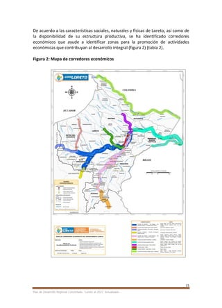 15
Plan de Desarrollo Regional Concertado. “Loreto al 2021” Actualizado
De acuerdo a las características sociales, naturales y físicas de Loreto, así como de
la disponibilidad de su estructura productiva, se ha identificado corredores
económicos que ayude a identificar zonas para la promoción de actividades
económicas que contribuyan al desarrollo integral (figura 2) (tabla 2).
Figura 2: Mapa de corredores económicos
 