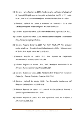 171
Plan de Desarrollo Regional Concertado. “Loreto al 2021” Actualizado
16) Gobierno regional de Loreto. 2008. Plan Estratégico Multisectorial y Regional
de Loreto 2008-2012 para la Prevención y Control de las ITS, el VIH y sida.
GOREL, DIRESA y Coordinadora Regional Multisectorial en Salud de Loreto.
17) Gobierno Regional de Loreto y Ministerio de Agricultura. 2008. Plan
Estratégico Regional del Sector Agrario de Loreto 2009-2015.
18) Gobierno Regional de Loreto. 2008. Proyecto Educativo Regional 2007 -2021.
19) Gobierno Regional de Loreto. 2008. Plan de Desarrollo Regional Concertado al
2021, hacia una región productiva.
20) Gobierno Regional de Loreto. 2009. Plan TSETA TANA AIPA: Plan de Lucha
contra la Pobreza y Desnutrición de Madres Gestantes, Niños y Niñas menores
de 5 años de la región Loreto (Perú) 2009-2021.
21) Gobierno Regional de Loreto. 2010. Plan Regional de Cooperación
Internacional no Reembolsable 2010-2013.
22) Gobierno Regional de Loreto. 2011. Plan Estratégico Institucional de la
Dirección Regional de Energía y Minas 2011-2017.
23) Gobierno Regional de Loreto. 2011. Plan Concertado de Desarrollo Económico
Productivo y Agrario, Acuícola y Pesquero 2011-2016.
24) Gobierno Regional de Loreto. 2011. Plan Estratégico Institucional del
Gobierno Regional de Loreto 2011-2014.
25) Gobierno Regional de Loreto. 2011. Plan de Acción Ambiental Regional y
Agenda Regional Ambiental 2011-2021.
26) Gobierno Regional de Loreto. 2012. Plan Regional de Acción por la Infancia y
Adolescencia 2012-2021.
 