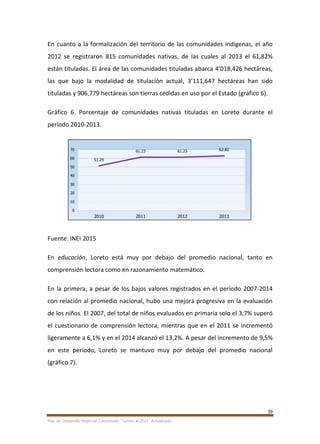 39
Plan de Desarrollo Regional Concertado. “Loreto al 2021” Actualizado
En cuanto a la formalización del territorio de las comunidades indígenas, el año
2012 se registraron 815 comunidades nativas, de las cuales al 2013 el 61,82%
están tituladas. El área de las comunidades tituladas abarca 4’018,426 hectáreas,
las que bajo la modalidad de titulación actual, 3’111,647 hectáreas han sido
tituladas y 906,779 hectáreas son tierras cedidas en uso por el Estado (gráfico 6).
Gráfico 6. Porcentaje de comunidades nativas tituladas en Loreto durante el
período 2010-2013.
Fuente: INEI 2015
En educación, Loreto está muy por debajo del promedio nacional, tanto en
comprensión lectora como en razonamiento matemático.
En la primera, a pesar de los bajos valores registrados en el período 2007-2014
con relación al promedio nacional, hubo una mejora progresiva en la evaluación
de los niños. El 2007, del total de niños evaluados en primaria solo el 3,7% superó
el cuestionario de comprensión lectora, mientras que en el 2011 se incrementó
ligeramente a 6,1% y en el 2014 alcanzó el 13,2%. A pesar del incremento de 9,5%
en este período, Loreto se mantuvo muy por debajo del promedio nacional
(gráfico 7).
51.29
61.23 61.23 62.82
0
10
20
30
40
50
60
70
2010 2011 2012 2013
 