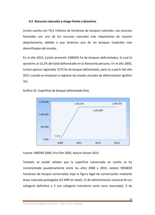 55
Plan de Desarrollo Regional Concertado. “Loreto al 2021” Actualizado
4.5 Recursos naturales y riesgo frente a desastres
Loreto cuenta con 74,2 millones de hectáreas de bosques naturales. Los recursos
forestales son uno de los recursos naturales más importantes de nuestro
departamento, debido a que tenemos uno de los bosques tropicales más
diversificados del mundo.
En el año 2013, Loreto presentó 1306026 ha de bosques deforestados, lo cual lo
aproxima al 13,2% del total deforestado en la Amazonía peruana. En el año 2005,
Loreto apenas registraba 7173 ha de bosque deforestado, pero es a partir del año
2011 cuando se empiezan a registrar los niveles actuales de deforestación (gráfico
31).
Gráfico 31. Superficie de bosque deforestado (ha).
Fuente: INRENA 2000, Pro Clim 2005, Nature Server 2014
También se puede señalar que la superficie conservada en Loreto se ha
incrementado paulatinamente entre los años 2008 y 2013, existen 9034659
hectáreas de bosque conservadas bajo la figura legal de conservación mediante
áreas naturales protegidas (25 ANP en total), 11 de administración nacional (8 con
categoría definitiva y 3 con categoría transitoria como zona reservada), 4 de
7,173
1,301,401
1,303,800
1,306,026
5,000
505,000
1,005,000
1,505,000
2005 2011 2012 2013
 