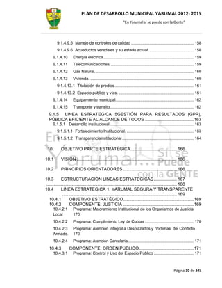 PLAN DE DESARROLLO MUNICIPAL YARUMAL 2012- 2015
                                                           “En Yarumal sí se puede con la Gente”




        9.1.4.9.5 Manejo de controles de calidad ....................................................... 158
        9.1.4.9.6 Acueductos veredales y su estado actual. ....................................... 158
     9.1.4.10      Energía eléctrica................................................................................ 159
     9.1.4.11      Telecomunicaciones. ......................................................................... 159
     9.1.4.12      Gas Natural. ...................................................................................... 160
     9.1.4.13      Vivienda. ........................................................................................... 160
        9.1.4.13.1 Titulación de predios. ..................................................................... 161
        9.1.4.13.2 Espacio público y vías. .................................................................. 161
     9.1.4.14      Equipamiento municipal..................................................................... 162
     9.1.4.15      Transporte y transito.......................................................................... 162
  9.1.5 LINEA ESTRATEGICA 5GESTIÓN PARA RESULTADOS (GPR),
  PÚBLICA EFICIENTE AL ALCANCE DE TODOS ........................................ 163
     9.1.5.1 Desarrollo institucional .......................................................................... 163
        9.1.5.1.1 Fortalecimiento Institucional. ........................................................... 163
        9.1.5.1.2 Transparenciainstitucional ............................................................... 164

 10.       OBJETIVO PARTE ESTRATÉGICA ...................................... 166

10.1       VISIÓN .................................................................................. 166

10.2       PRINCIPIOS ORIENTADORES ............................................ 166

10.3        ESTRUCTURACIÓN LINEAS ESTRATEGICAS ................... 167
........................................................................................................... 168
10.4        LINEA ESTRATEGICA 1: YARUMAL SEGURA Y TRANSPARENTE
             .............................................................................................. 169
  10.4.1           OBJETIVO ESTRATÉGICO.......................................................... 169
  10.4.2           COMPONENTE: JUSTICIA .......................................................... 169
     10.4.2.1      Programa: Mejoramiento Institucional de los Organismos de Justicia
     Local         170
     10.4.2.2      Programa: Cumplimiento Ley de Cuotas ........................................... 170
     10.4.2.3      Programa: Atención Integral a Desplazados y Victimas del Conflicto
     Armado.       170
     10.4.2.4      Programa: Atención Carcelaria .......................................................... 171
  10.4.3         COMPONENTE: ORDEN PÚBLICO ............................................. 171
     10.4.3.1      Programa: Control y Uso del Espacio Público ................................... 171



                                                                                                     Página 10 de 345
 