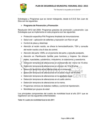PLAN DE DESARROLLO MUNICIPAL YARUMAL 2012- 2015
                                               “En Yarumal sí se puede con la Gente”




Estrategias y Programas que se vienen trabajando, desde la E.S.E San Juan de
Dios son los siguientes:

    Programa de Prevención y Promoción

Resolución 0412 del 2000- Programas gratuitos de promoción y prevención. Las
Estrategias que se implementa en este programa son las siguientes:

    Protección especifica PAI Programa Ampliado de Inmunizaciones
    Salud oral – aplicación de sellantes y topicación con flúor en gel
    Control de placa y detartraje
    Atención al recién nacido, se ofrece la hemoclasificación, TSH y consulta
       del recién nacido a los 8 días de control.
    Atención del parto: VDRL en el momento del parto y consulta postparto.
    Atención en Planificación familiar para hombres y mujeres: Se ofrecen
       orales, inyectables, subdérmico, intrauterino, la tubectomia y vasectomía.
    Detención temprana de alteraciones en el Desarrollo del menor de 10 años
    Detención temprana de alteraciones en el joven de 10 a 29 años
    Detención temprana de las alteraciones en el embarazo.
    Detención temprana de alteraciones en el adulto mayor de 45 años
    Detención temprana de alteraciones en la agudeza visual.
    Detención temprana de alteraciones en el cuello uterino.
    Detención temprana de alteraciones en la mama.
    Programas crónicos de diabetes mellitos y control de hipertensión.
    Morbilidad por grupos de edad

Los principales componentes del cuadro de morbilidad local al año 2011 que se
registraron son las siguientes enfermedades:

Tabla 14: cuadro de morbilidad local al año 2011




                                                        Página 109 de 345
 