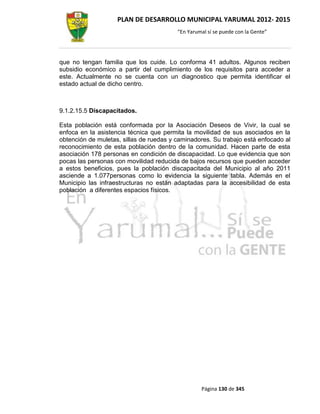 PLAN DE DESARROLLO MUNICIPAL YARUMAL 2012- 2015
                                         “En Yarumal sí se puede con la Gente”




que no tengan familia que los cuide. Lo conforma 41 adultos. Algunos reciben
subsidio económico a partir del cumplimiento de los requisitos para acceder a
este. Actualmente no se cuenta con un diagnostico que permita identificar el
estado actual de dicho centro.



9.1.2.15.5 Discapacitados.

Esta población está conformada por la Asociación Deseos de Vivir, la cual se
enfoca en la asistencia técnica que permita la movilidad de sus asociados en la
obtención de muletas, sillas de ruedas y caminadores. Su trabajo está enfocado al
reconocimiento de esta población dentro de la comunidad. Hacen parte de esta
asociación 178 personas en condición de discapacidad. Lo que evidencia que son
pocas las personas con movilidad reducida de bajos recursos que pueden acceder
a estos beneficios, pues la población discapacitada del Municipio al año 2011
asciende a 1.077personas como lo evidencia la siguiente tabla. Además en el
Municipio las infraestructuras no están adaptadas para la accesibilidad de esta
población a diferentes espacios físicos.




                                                  Página 130 de 345
 