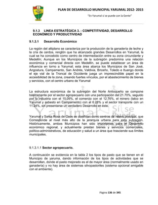 PLAN DE DESARROLLO MUNICIPAL YARUMAL 2012- 2015
                                          “En Yarumal sí se puede con la Gente”




  9.1.3 LINEA ESTRATÉGICA 3. : COMPETITIVIDAD, DESARROLLO
  ECONÓMICO Y PRODUCTIVIDAD

9.1.3.1   Desarrollo Económico

La región del altiplano se caracteriza por la producción de la ganadería de leche y
la cría de cerdos, renglón que ha alcanzado grandes Desarrollos en Yarumal, la
cual se ha concebido como centro de intermediación entre su zona circundante y
Medellín; Aunque en los Municipios de la subregión predomina una relación
económica y comercial directa con Medellín, se puede establecer un área de
influencia en torno a Yarumal; esta área abarca los Municipios de San José,
Angostura, Campamento, San Andrés, Valdivia, Briceño, Toledo e Ituango donde
el eje vial de la Troncal de Occidente juega un imprescindible papel en la
accesibilidad de la zona, creando fuertes vínculos, por el abastecimiento de bienes
y servicios, con el centro urbano de Yarumal


La estructura económica de la subregión del Norte Antioqueño se compone
básicamente por el sector agropecuario con una participación del 21.70%, seguido
por la industria con el 15.09%, el comercio con el 12.76%, el minero (talco en
Yarumal y asbesto en Campamento) con el 6.28% y el sector transporte con un
11.24%, sin presentarse un verdadero Desarrollo en éste.


Yarumal y Santa Rosa de Osos se clasifican como centros de relevo principal, que
Corresponde al nivel más alto de la jerarquía urbana para esta subregión.
Históricamente, ambos Municipios han sido importantes para el Desarrollo
económico regional, y actualmente prestan bienes y servicios comerciales,
político-administrativos, de educación y salud a un área que trasciende sus límites
municipales.



9.1.3.1.1 Sector agropecuario.

A continuación se evidencia en la tabla 2 los tipos de pasto que se tienen en el
Municipio de yaruma, dando información de los tipos de actividades que se
desarrollan, donde el pasto mejorado es el de mayor área (normalmente usado en
ganadería) y no hay área de sistemas silvopastoriles (sistema opcional amigable
con el ambiente).




                                                   Página 136 de 345
 