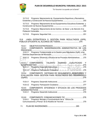PLAN DE DESARROLLO MUNICIPAL YARUMAL 2012- 2015
                                                         “En Yarumal sí se puede con la Gente”




   10.7.6.2 Programa: Mejoramiento de Equipamientos Deportivos y Recreativos
   Existentes y Construcción de Nuevos Equipamientos. ........................................ 250
   10.7.6.3 Programa: Mejoramiento de los Equipamientos Educativos Existentes y
   Construcción de Nuevos Equipamientos. ............................................................ 250
   10.7.6.4 Programa: Mejoramiento de los Centros de Salud y de Atención A la
   Población Vulnerable .......................................................................................... 250
   10.7.6.5       Programa: Seguridad Vial .................................................................. 251


10.8  LINEA ESTRATÉGICA 5: GESTIÓN PARA RESULTADOS (GPR),
PÚBLICA EFICIENTE AL ALCANCE DE TODOS .................................... 274

 10.8.1 OBJETIVO ESTRATEGICO.......................................................... 274
 10.8.2 COMPONENTE: MODERNIZACIÓN ADMINISTRATIVA DE LOS
 PROCESOS .................................................................................................. 274
   10.8.2.1 Programa: Fortalecimiento en la Gestión para Resultados (GpR), a las
   Distintas Dependencias del Municipio. ................................................................ 275
   10.8.2.2       Programa: Eficiencia y Eficacia de los Procesos Administrativos. ..... 275


 10.8.3 COMPONENTE:             TALENTO               HUMANO                CUALIFICADO                  Y
 COMPROMETIDO ........................................................................................ 275
   10.8.3.1       Programa: Desarrollo Institucional ..................................................... 276
   10.8.3.2       Programa: Participación Ciudadana .................................................. 276
 10.8.4  COMPONENTE SISTEMAS DE SEGUIMIENTO, MONITOREO Y
 EVALUACIÓN PARA GESTION PARA RESULTADOS DEL DESARROLLO
 (GpRD). ...................................................................................................... 276

   10.8.4.1       Programa: Desarrollo Institucional ..................................................... 277
   10.8.4.2       Programa: Participación Ciudadana .................................................. 277
 10.8.5  COMPONENTE :EFICIENCIA Y EFICACIA DE LOS PROCESOS
 ADMINISTRATIVOS ..................................................................................... 277
   10.8.5.1       Programa: Desarrollo Institucional ..................................................... 278


 10.8.6        COMPONENTE: COMUNICACIONES TIC. ................................. 278
   10.8.6.1 Programa: Montaje y Funcionamiento de la “Oficina De
   Comunicaciones y Prensa” de la Alcaldía de Yarumal ........................................ 279

 11.     PLAN DE INVERSIONES ...................................................... 285



                                                                                                Página 14 de 345
 