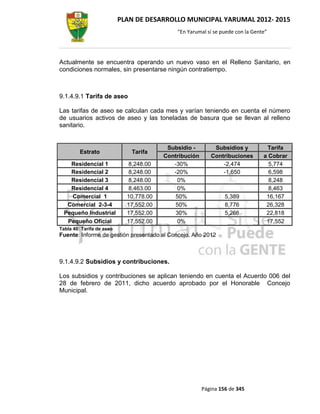 PLAN DE DESARROLLO MUNICIPAL YARUMAL 2012- 2015
                                             “En Yarumal sí se puede con la Gente”




Actualmente se encuentra operando un nuevo vaso en el Relleno Sanitario, en
condiciones normales, sin presentarse ningún contratiempo.



9.1.4.9.1 Tarifa de aseo

Las tarifas de aseo se calculan cada mes y varían teniendo en cuenta el número
de usuarios activos de aseo y las toneladas de basura que se llevan al relleno
sanitario.


                                          Subsidio -        Subsidios y          Tarifa
         Estrato              Tarifa
                                         Contribución      Contribuciones       a Cobrar
    Residencial 1            8,248.00       -30%               -2,474             5,774
    Residencial 2            8,248.00       -20%               -1,650             6,598
    Residencial 3            8,248.00        0%                                   8,248
    Residencial 4            8,463.00        0%                                   8,463
    Comercial 1              10,778.00       50%                 5,389           16,167
   Comercial 2-3-4           17,552.00       50%                 8,776           26,328
  Pequeño Industrial         17,552.00       30%                 5,266           22,818
   Pequeño Oficial           17,552.00       0%                                  17,552
Tabla 40: Tarifa de aseo
Fuente: Informe de gestión presentado al Concejo. Año 2012



9.1.4.9.2 Subsidios y contribuciones.

Los subsidios y contribuciones se aplican teniendo en cuenta el Acuerdo 006 del
28 de febrero de 2011, dicho acuerdo aprobado por el Honorable Concejo
Municipal.




                                                        Página 156 de 345
 