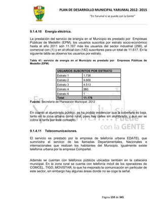 PLAN DE DESARROLLO MUNICIPAL YARUMAL 2012- 2015
                                             “En Yarumal sí se puede con la Gente”




9.1.4.10   Energía eléctrica.

La prestación del servicio de energía en el Municipio es prestado por Empresas
Públicas de Medellín (EPM), los usuarios suscritos por estrato socio-económico
hasta el año 2011 son 11.167 más los usuarios del sector industrial (298), el
comercial con (1) y en el oficial con (142) suscritores para un total de 11.617. En la
siguiente tabla se observa los usuarios por estrato.

Tabla 41: servicio de energía en el Municipio es prestado por      Empresas Públicas de
Medellín (EPM)

                    USUARIOS SUSCRITOS POR ESTRATO
                    Estrato 1          1.736
                    Estrato 2          4.666
                    Estrato 3          4.513
                    Estrato 4          260
                    Estrato 6          1
                    Total              11.176
Fuente: Secretaria de Planeación Municipal. 2012


En cuanto al alumbrado público, se ha podido evidenciar que la cobertura es baja,
tanto en la zona urbana como rural, pues hay calles sin alumbrado, y aun así se
cobra la tarifa por este concepto.


9.1.4.11   Telecomunicaciones.

El servicio es prestado por la empresa de telefonía urbana EDATEL que
suministra el servicio de las llamadas Departamentales, Nacionales e
internacionales que realizan los habitantes del Municipio. Igualmente existe
telefonía urbana por la empresa Compartel.


Además se cuentan con teléfonos públicos ubicados también en la cabecera
municipal. En la zona rural se cuenta con telefonía móvil de los operadores de
COMCEL, TIGO, MOVISTAR, lo que ha mejorado la comunicación en particular de
este sector, sin embargo hay algunas áreas donde no se coge la señal.




                                                      Página 159 de 345
 