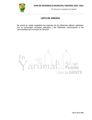 PLAN DE DESARROLLO MUNICIPAL YARUMAL 2012- 2015
                                       “En Yarumal sí se puede con la Gente”




                           LISTA DE ANEXOS


Se anexa en medio magnético los soportes de los diferentes talleres realizados
con la comunidad, encuetas aplicadas y las diferentes convocatorias a las
comunidades del municipio de Yarumal.




                                                                     Página 21 de 345
 
