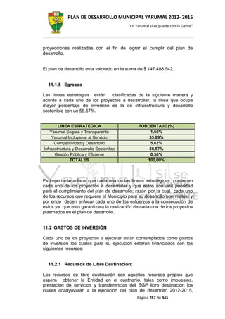 PLAN DE DESARROLLO MUNICIPAL YARUMAL 2012- 2015
                                          “En Yarumal sí se puede con la Gente”




proyecciones realizadas con el fin de lograr el cumplir del plan de
desarrollo.


El plan de desarrollo esta valorado en la suma de $ 147.488.542.


  11.1.5 Egresos

Las líneas estrategias están  clasificadas de la siguiente manera y
acorde a cada uno de los proyectos a desarrollar, la línea que ocupa
mayor porcentaje de inversión es la de infraestructura y desarrollo
sostenible con un 56.57%.


        LINEA ESTRATEGICA                      PORCENTAJE (%)
    Yarumal Segura y Transparente                  1,56%
     Yarumal Incluyente al Servicio                35,89%
      Competitividad y Desarrollo                  5,62%
Infraestructura y Desarrollo Sostenible            56,57%
      Gestión Pública y Eficiente                  0,36%
               TOTALES                            100,00%



Es importante aclarar que cada una de las líneas estratégicas contienen
cada uno de los proyectos a desarrollar y que estos son una prioridad
para el cumplimiento del plan de desarrollo; razón por la cual cada uno
de los recursos que requiere el Municipio para su desarrollo son vitales y
por ende deben enfocar cada uno de los esfuerzos a la consecución de
estos ya que esto garantizara la realización de cada uno de los proyectos
plasmados en el plan de desarrollo.


11.2 GASTOS DE INVERSIÓN

Cada uno de los proyectos a ejecutar están contemplados como gastos
de inversión los cuales para su ejecución estarán financiados con los
siguientes recursos:


  11.2.1 Recursos de Libre Destinación:

Los recursos de libre destinación son aquellos recursos propios que
espera obtener la Entidad en el cuatrienio, tales como impuestos,
prestación de servicios y transferencias del SGP libre destinación los
cuales coadyuvarán a la ejecución del plan de desarrollo 2012-2015,
                                               Página 287 de 345
 