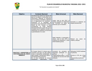 PLAN DE DESARROLLO MUNICIPAL YARUMAL 2012- 2015
                                           “En Yarumal sí se puede con la Gente”




        Objetivo                   Contexto Nacional                        Meta Universal                   Meta Nacional
                            actualizaciones dadas las mejoras del
                            país en la calidad y continuidad de la
                            información. Segundo, la valoración
                            de los positivos resultados obtenidos
                                                                      Lograr, para el año 2010, el
                            en el seguimiento de monitoreo y
                                                                      acceso universal al tratamiento    Aumentar la cobertura de
                            evaluación en la estrategia de
                                                                      del VIH/SIDA de todas las          terapia antirretroviral.
                            prevención de la transmisión materno
                                                                      personas que lo necesiten.
                            infantil de VIH. Tercero, la meta
                            corresponde      al   límite   definido
                            internacionalmente a partir del cual se
                            considera que la epidemia cambia su
                            clasificación de epidemia concentrada
                            a generalizada en un país.




                                                                      Haber detenido y comenzado a
                                                                      reducir, para el año 2015, la      Reducir los casos       de
                                                                      incidencia de paludismo y otras    malaria y dengue.
                                                                      enfermedades graves.




                            El Conpes Social 91 incluye para el       Incorporar los principios del      Reforestar 23.000 hectáreas
OBJETIVO 7: GARANTIZAR LA   monitoreo del logro de este objetivo      Desarrollo sostenible en las       anualmente.
SOSTENIBILIDAD DEL MEDIO    metas e indicadores ambientales, de       políticas          y         los
        AMBIENTE            agua potable y saneamiento básico, y      ProgramasNacionales e invertir     Eliminar el 10% de a línea
                            de asentamientos precarios.               la pérdida de recursos del medio   de                     base
                            En el tema ambiental se incluyen          ambiente.                          Hidroclorofluorocarbonos
                            indicadores     relacionados    con                                          HCFC.




                                                                           Página 36 de 345
 