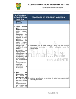 PLAN DE DESARROLLO MUNICIPAL YARUMAL 2012- 2015
                                        “En Yarumal sí se puede con la Gente”




 PROGRAMA
DE GOBIERNO              PROGRAMA DE GOBIERNO ANTIOQUIA
  YARUMAL
   nuestro
   Hospital.

1. Salud     pública
   para
   todos:Implement
   ación y gestión
   para             el
   Desarrollo      de
   estrategias que
   mejoren la salud
   pública        con
   Programas       de
   salud      infantil,
   salud sexual y
   reproductiva,        2. Promoción de la salud pública como un bien común,
   salud oral, salud       generando conciencia y hábitos saludables para los
   mental,                 antioqueños.
   prevención      de
   enfermedades
   transmisibles y
   zoonoticas,
   prevención      de
   enfermedades
   no transmisibles
   y
   discapacidades,
   seguridad
   alimentaria       y
   nutricional.


3. Plan          de
   Promoción de
   la   salud      y
   prevención de
                     3. Acceso garantizado a servicios de salud con oportunidad,
   la enfermedad:
                        calidad y eficiencia.
   La salud pública
   es
   responsabilidad
   del Estado, por
   lo   tanto    se



                                                  Página 50 de 345
 
