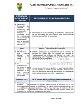 PLAN DE DESARROLLO MUNICIPAL YARUMAL 2012- 2015
                                              “En Yarumal sí se puede con la Gente”




 PROGRAMA
DE GOBIERNO                  PROGRAMA DE GOBIERNO ANTIOQUIA
  YARUMAL

3. Desarrollaré
   Programas      de
   atención         y
   prevención     en
   drogadicción
   firmando           3. Prevención de la drogadicción y el alcoholismo y tratamiento
   convenios     con     de las adicciones. El auto cuidado como responsabilidad
   las instituciones     individual acompañado de la sociedad
   del Municipio y el
   departamento
   para la atención
   de los problemas
   de adicción.

       Mujer                         Mujeres Protagonistas del Desarrollo

1. Diseñaremos       1. Voluntad política para el fortalecimiento de la secretaría de
   una      política    Equidad de Género, para las mujeres que respalde la
   pública        de    Transversalidad de enfoque de Género en todas las
   atención a la        secretarías y entes descentralizados y un Plan departamental
   mujer.               de Igualdad de oportunidades.


2. En             mi
   administración,
   los cargos de las
                     2. Crearemos condiciones de igualdad en la participación laboral
   entidades     del
                        de las mujeres en cuanto acceso, calidad y remuneración.
   Municipio, en su
                        Acciones afirmativas orientadas a la equidad de género en el
   gran     mayoría
                        marco laboral, acceso, promoción y capacitación.
   serán ocupados
   por mujeres.

 Población LGTB            Verde diverso –LGTBI (lesbianas-gays-bisexuales-trans-
                                              intersexuales).
1. Desarrollaremos
   procesos        de   Promover un respaldo institucional de la población LGTBI, que
   acompañamiento       propicie la participación de grupos diversos sexualmente en las
   , sensibilización,   esferas sociales y políticas y que logre que la población diversa
   educación        y   sexualmente cuente con las organizaciones sociales fuertes que
   organización de      luchen contra su discriminación.



                                                        Página 56 de 345
 