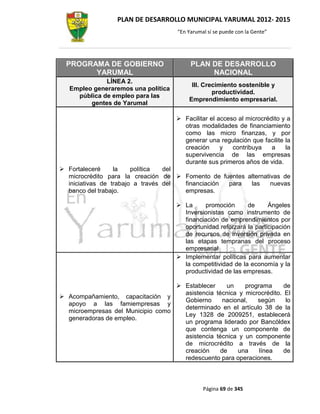 PLAN DE DESARROLLO MUNICIPAL YARUMAL 2012- 2015
                                      “En Yarumal sí se puede con la Gente”




  PROGRAMA DE GOBIERNO                     PLAN DE DESARROLLO
        YARUMAL                                 NACIONAL
              LÍNEA 2.
                                           III. Crecimiento sostenible y
   Empleo generaremos una política
                                                   productividad.
     pública de empleo para las
                                          Emprendimiento empresarial.
         gentes de Yarumal

                                      Facilitar el acceso al microcrédito y a
                                       otras modalidades de financiamiento
                                       como las micro finanzas, y por
                                       generar una regulación que facilite la
                                       creación      y   contribuya    a    la
                                       supervivencia de las empresas
                                       durante sus primeros años de vida.
 Fortaleceré     la    política  del
  microcrédito para la creación de  Fomento de fuentes alternativas de
  iniciativas de trabajo a través del financiación para  las     nuevas
  banco del trabajo.                  empresas.

                                      La      promoción      de     Ángeles
                                       Inversionistas como instrumento de
                                       financiación de emprendimientos por
                                       oportunidad reforzará la participación
                                       de recursos de inversión privada en
                                       las etapas tempranas del proceso
                                       empresarial
                                      Implementar políticas para aumentar
                                       la competitividad de la economía y la
                                       productividad de las empresas.

                                    Establecer     un     programa     de
                                     asistencia técnica y microcrédito. El
 Acompañamiento, capacitación y
                                     Gobierno      nacional,   según     lo
  apoyo a las famiempresas y
                                     determinado en el artículo 38 de la
  microempresas del Municipio como
                                     Ley 1328 de 2009251, establecerá
  generadoras de empleo.
                                     un programa liderado por Bancóldex
                                     que contenga un componente de
                                     asistencia técnica y un componente
                                     de microcrédito a través de la
                                     creación     de    una     línea   de
                                     redescuento para operaciones.



                                                Página 69 de 345
 