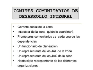 • Gerente social de la zona
• Inspector de la zona, quien lo coordinará
• Promotores comunitarios de cada una de las
dependencias
• Un funcionario de planeación
• Un representante de las JAL de la zona
• Un representante de las JAC de la zona
• Hasta siete representante de las diferentes
organizaciones
• Gerente social de la zona
• Inspector de la zona, quien lo coordinará
• Promotores comunitarios de cada una de las
dependencias
• Un funcionario de planeación
• Un representante de las JAL de la zona
• Un representante de las JAC de la zona
• Hasta siete representante de las diferentes
organizaciones
COMITES COMUNITARIOS DECOMITES COMUNITARIOS DE
DESARROLLO INTEGRALDESARROLLO INTEGRAL
COMITES COMUNITARIOS DECOMITES COMUNITARIOS DE
DESARROLLO INTEGRALDESARROLLO INTEGRAL
 