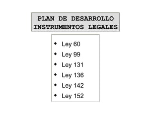  Ley 60
 Ley 99
 Ley 131
 Ley 136
 Ley 142
 Ley 152
 Ley 60
 Ley 99
 Ley 131
 Ley 136
 Ley 142
 Ley 152
PLAN DE DESARROLLOPLAN DE DESARROLLO
INSTRUMENTOS LEGALESINSTRUMENTOS LEGALES
PLAN DE DESARROLLOPLAN DE DESARROLLO
INSTRUMENTOS LEGALESINSTRUMENTOS LEGALES
 