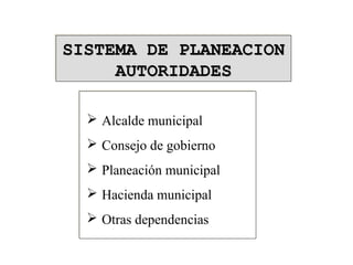  Alcalde municipal
 Consejo de gobierno
 Planeación municipal
 Hacienda municipal
 Otras dependencias
 Alcalde municipal
 Consejo de gobierno
 Planeación municipal
 Hacienda municipal
 Otras dependencias
SISTEMA DE PLANEACIONSISTEMA DE PLANEACION
AUTORIDADESAUTORIDADES
SISTEMA DE PLANEACIONSISTEMA DE PLANEACION
AUTORIDADESAUTORIDADES
 