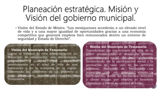  Visión del Estado de México. “Los mexiquenses accederán a un elevado nivel
de vida y a una mayor igualdad de oportunidades gracias a una economía
competitiva que generará empleos bien remunerados dentro un entorno de
seguridad y Estado de Derecho”.
• Visión del Municipio de Temamatla:
Lograr al término de esta administración un
Municipio de vanguardia, con mecanismos,
programas y obras que impacten
positivamente en el nivel de vida de sus
habitantes y en la economía de la región.
Generando los cimientos de un proyecto a
largo plazo que impulse el progreso de
Temamatla.
• Misión del Municipio de Temamatla:
Transformar las condiciones de vida de la
gente promoviendo el desarrollo político,
económico y social de los habitantes;
favoreciendo así la participación social y la
prestación de cada uno de los servicios
públicos. Haciendo de Temamatla un
municipio con un gobierno abierto y
participativo, donde las decisiones, acciones
y obras tengan por objetivo el beneficio
ciudadano y elevar su calidad de vida.
 