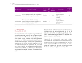 Plan de Desarrollo del Municipio de Santiago de Cali 2016 - 2019118.
Área Funcional Indicador de Producto
Unidad de
medida
Línea
Base
2015
Meta
2016/2019
Responsable
Articulación
de
Indicadores
42050030005
Jornadas de adiestramiento para la preparación
en la atención de emergencia, realizadas
Número 0 320
Secretaría de
Gestión del Riesgo
de Emergencias y
Desastres
CC
42050030006
Plan para la continuidad del negocio y
preparación en situaciones de desastres en la
Administración Municipal, formulado
Número 0 1
Secretaría de
Gestión del Riesgo
de Emergencias y
Desastres
CC:	 Indicador de producto asociado a metas de Planes de Desarrollo de Comunas y Corregimientos
2.5.4. Programa:
Plan Jarillón de Cali
Ese programa tiene como propósito la gestión del ries-
go por inundación en el Jarillón del río Cauca, proyec-
to postulado ante el Fondo de Adaptación, que tiene
como interés mitigar el riesgo sobre la ciudad y sus
habitantes, por el deterioro causado a la infraestruc-
tura de protección contra inundaciones, generado por
las personas que se han asentado ilegalmente en las
dos estructuras vitales de protección de la ciudad,
como lo es el Jarillón del río Cauca, conocido común-
mente como Jarillón de Aguablanca y las dos lagunas
de regulación de aguas lluvias El Pondaje y Charco
Azul.
Para tal efecto se hace necesario la intervención y
reconstrucción de aproximadamente 26 km en la
estructura del Jarillón del río Cauca, que busca prote-
ger la vida y bienes a más de 900.000 personas ubi-
cadas en su zona de influencia.
Algunas de las metas de este programa se trabaja-
rán a través de proyectos que las dependencias, de
acuerdo con su competencia, ejecutarán en las dife-
rentes vigencias del Plan, en el marco de las Estra-
tegias de Intervención Territorial, focalizados en los
Territorios de Inclusión y Oportunidades - TIO.
 
