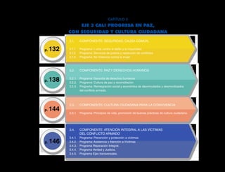 3.4.	 Componente: Atención Integral a las víctimas
	del conflicto armado
3.4.1.	 Programa: Prevención y protección a víctimas
3.4.2.	 Programa: Asistencia y Atención a Víctimas
3.4.3.	 Programa Reparación Integral.
3.4.4.	 Programa Verdad y Justicia.
3.4.5.	 Programa Ejes transversales.
3.3.	 Componente: Cultura ciudadana para la convivencia
3.3.1.	 Programa: Principios de vida, promoción de buenas prácticas de cultura ciudadana.
3.2.	 Componente: Paz y derechos humanos
3.2.1.	 Programa: Garantía de derechos humanos
3.2.2.	 Programa: Cultura de paz y reconciliación
3.2.3.	 Programa: Reintegración social y económica de desvinculados y desmovilizados
	 del conflicto armado.
3.1.	 Componente: Seguridad, causa común.
3.1.1.	 Programa: Lucha contra el delito y la impunidad.
3.1.2. 	 Programa: Servicios de justicia y resolución de conflictos
3.1.3.	 Programa: No Violencia contra la mujer
p. 132
p. 138
p. 144
p. 146
CAPÍTULO 5
EJE 3 CALI PROGRESA EN PAZ,
CON SEGURIDAD Y CULTURA CIUDADANA
 