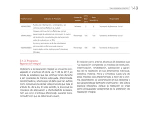 “CALI PROGRESA CONTIGO” 149
Área Funcional Indicador de Producto
Unidad de
medida
Línea
Base
2015
Meta
2016/2019
Responsable
43040020001
Puntos de información y orientación a las
víctimas del conflicto en la ciudad.
Número 3 6 Secretaría de Bienestar Social
43040020002
Hogares víctimas del conflicto que tienen
garantizada la subsistencia mínima en el marco
de la atención inmediata antes de la decisión
sobre la inclusión en el RUV
Porcentaje 100 100 Secretaría de Bienestar Social
43040020003
Acceso y permanencia de los estudiantes
víctimas del conflicto armado interno
matriculados en las Instituciones Educativas
Oficiales
Porcentaje 100 100 Secretaría de Educación
3.4.3. Programa:
Reparación Integral
El derecho a la reparación integral se encuentra con-
sagrado en el artículo 25 de la Ley 1448 de 2011, en
donde se establece que las víctimas tienen derecho
a ser reparadas de manera adecuada, diferenciada,
transformadora y efectiva por el daño que han sufrido
como consecuencia de las violaciones de que trata el
artículo 3o. de la ley. En este sentido, la ley prevé los
principios de adecuación y efectividad de la repara-
ción, así como el enfoque diferencial y carácter trans-
formador con que se debe llevar a cabo.
En relación con lo anterior, el artículo 25 establece que
“La reparación comprende las medidas de restitución,
indemnización, rehabilitación, satisfacción y garan-
tías de no repetición, en sus dimensiones individual,
colectiva, material, moral y simbólica. Cada una de
estas medidas será implementada a favor de la vícti-
ma, dependiendo de la vulneración en sus derechos y
las características del hecho victimizante”. Ello cobra
especial relevancia, porque la restitución se erige
como presupuesto fundamental de la pretensión de
reparación integral.
 