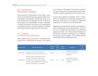 Plan de Desarrollo del Municipio de Santiago de Cali 2016 - 2019184.
5.3. Componente:
Participación ciudadana
Busca promover la participación comunitaria, ciuda-
dana y social de todos los grupos poblacionales, en la
vida política, administrativa, económica, social y cul-
tural del Municipio de Santiago de Cali. A través de
este programa se desarrollarán acciones orientadas
a mejorar la eficiencia, la eficacia y la transparencia
de la gestión pública municipal, facilitando el diálogo
entre la Administración Municipal y la comunidad.
5.3.1. Programa:
Ciudadanía activa y participativa
Este programa busca promover el empoderamiento
de personas y organizaciones sociales, comunitarias
y comunales; en las diversas instancias de participa-
ción que constituyen los grupos poblaciones (mesas,
comités, consejos, organizaciones comunitarias, etc.).
A través del programa Ciudadanía Activa y Partici-
pativa, se fortalecerán los procesos organizativos en
marcha en el Municipio y su incidencia, a través de la
capacitación, la asesoría y el acompañamiento.
Algunas de las metas de este programa se trabajarán a
través de proyectos que las dependencias, de acuer-
do con su competencia, ejecutarán en las diferentes
vigencias del Plan, en el marco de las Estrategias de
Intervención Territorial, focalizados en los Territorios
de Inclusión y Oportunidades - TIO, del área urbana y
rural del Municipio de Santiago de Cali
Área Funcional Indicador de Producto
Unidad de
medida
Línea
Base
2015
Meta
2016/2019
Responsable
Articulación
de
Indicadores
45030010001
Instancias y espacios de participación
apoyados para el ejercicio de sus funciones
Número 23 140
Secretaría de Desarrollo
Territorial y Participación
Ciudadana
45030010002
Personas integrantes de organizaciones
sociales y comunitarias e instancias de
participación, de discapacidad, adultas
mayores, mujeres, población con identidad y
orientación sexual diversa, capacitadas
Número 440 11.000
Secretaría de Desarrollo
Territorial y Participación
Ciudadana
 
