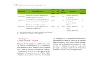 Plan de Desarrollo del Municipio de Santiago de Cali 2016 - 201952.
Área Funcional Indicador de Producto
Unidad
de
medida
Línea
Base
2015
Meta
2016/2019
Responsable
Articulación
de
Indicadores
41020010009
Personas con discapacidad, beneficiadas con
actividades deportivas y recreativas.
Número 0 4.000
Secretaría del Deporte y
la Recreación
41020010010
Eventos deportivos y recreativos realizados con
participación de personas con discapacidad.
Número 4 25
Secretaría del Deporte y
la Recreación
CC
41020010011
Personas con discapacidad o en riesgo,
intervenidas en la estrategia de Rehabilitación
Basada en la Comunidad - RBC
Número 3.000 13.000
Secretaría de Salud
Pública
Secretaría de Bienestar
Social
Secretaría de Educación
R
CC:	 Indicador de producto asociado a metas de Planes de Desarrollo de Comunas y Corregimientos
R: 	 Indicador de producto que contribuye con Indicador de Resultado
1.2.2. Programa:
CaliAfro incluyente e influyente
El objetivo de este programa es posibilitar la reducción
de brechas sociodemográficas y socioeconómicas
que presenta un sector mayoritario de la población
afro, a partir de la promoción, prevención, garantía y
restablecimiento de derechos con enfoque diferencial,
poblacional y étnico, en el marco de la Política Pública
Afro y las responsabilidades misionales de la Alcaldía.
Las estrategias que se implementan en este progra-
ma promoverán la atención estructural de los asun-
tos afrocolombianos, como política pública municipal,
forjando que la ciudad adopte mecanismos institu-
cionales para focalizar la inversión en la promoción,
prevención, garantía y restablecimiento de derechos
económicos, sociales, culturales y ambientales.
 