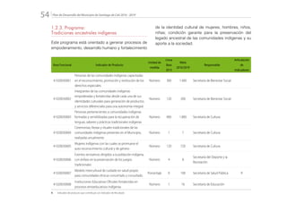 Plan de Desarrollo del Municipio de Santiago de Cali 2016 - 201954.
1.2.3. Programa:
Tradiciones ancestrales indígenas
Este programa está orientado a generar procesos de
empoderamiento, desarrollo humano y fortalecimiento
de la identidad cultural de mujeres, hombres, niños,
niñas; condición garante para la preservación del
legado ancestral de las comunidades indígenas y su
aporte a la sociedad.
Área Funcional Indicador de Producto
Unidad de
medida
Línea
Base
2015
Meta
2016/2019
Responsable
Articulación
de
Indicadores
41020030001
Personas de las comunidades indígenas capacitadas
en el reconocimiento, promoción y restitución de los
derechos especiales.
Número 300 1.400 Secretaría de Bienestar Social
41020030002
Integrantes de las comunidades indígenas
empoderadas y fortalecidas desde cada una de sus
identidades culturales para generación de productos
y servicios diferenciales para una autonomía integral.
Número 120 300 Secretaría de Bienestar Social
41020030003
Personas pertenecientes a comunidades indígenas
formadas y sensibilizadas para la recuperación de
lenguas, saberes y prácticas tradicionales indígenas
Número 900 1.800 Secretaría de Cultura
41020030004
Ceremonias, fiestas y rituales tradicionales de las
comunidades indígenas presentes en el Municipio,
realizadas anualmente
Número 1 7 Secretaría de Cultura
41020030005
Mujeres indígenas con las cuales se promueve el
auto reconocimiento cultural y de género
Número 120 720 Secretaría de Cultura
41020030006
Eventos recreativos dirigidos a la población indígena,
con énfasis en la preservación de los juegos
tradicionales
Número 4 8
Secretaría del Deporte y la
Recreación
41020030007
Modelo intercultural de cuidado en salud propio
para comunidades étnicas concertado y consultado
Porcentaje 0 100 Secretaría de Salud Pública R
41020030008
Instituciones Educativas Oficiales fortalecidas en
procesos etnoeducativos indígenas
Número 1 16 Secretaría de Educación
R: 	 Indicador de producto que contribuye con Indicador de Resultado
 