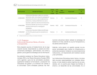 Plan de Desarrollo del Municipio de Santiago de Cali 2016 - 201962.
Área Funcional Indicador de Producto
Unidad
de
medida
Línea
Base
2015
Meta
2016/2019
Responsable
Articulación
de
Indicadores
41040020005
Instituciones Educativas rurales con currículos
pertinentes, tales como proyectos pedagógicos
productivos al turismo rural, encadenamiento
productivo y manejo ambiental en la cuenca
Número 0 14 Secretaría de Educación R
41040020006
Docentes y directivos docentes de Instituciones
Educativas Oficiales que inician y/o continúan
procesos de formación e investigación
pedagógica.
Número 4.832 6.232 Secretaría de Educación R
41040020007
Instituciones Educativas Públicas beneficiadas
con Pre-Icfes gratuito para los estudiantes de
grado 11
Número 0 91 Secretaría de Educación
R:	 Indicador de producto que contribuye con Indicador de Resultado
1.4.3. Programa:
Instituciones Educativas líderes, eficientes
y transparentes
Este programa apunta al fortalecimiento de la orga-
nización escolar, desarrollando su sistema de direc-
cionamiento estratégico, administrativo, de control y
gestión y de la gerencia estratégica de la información.
Se pretende revitalizar los Planes Educativos Institu-
cionales (PEI) y los Planes Educativos Rurales (PER)
como agenda y guía de las actividades escolares;
igualmente fortalecer la formulación y evaluación de
indicadores de gestión y la rendición de cuentas a
la comunidad. Como entidades públicas, las insti-
tuciones educativas deben adoptar la estrategia de
Gobierno en línea, atender la Ley de Transparencia y
los planes anticorrupción.
Además, como apoyo a la gestión escolar, se pro-
ponen actividades para mejorar la infraestructura y
ambientes escolares, fortalecer la conectividad de las
instituciones, y el mejoramiento del mobiliario escolar
y los suministros.
Las Instituciones Educativas tienen frente a la socie-
dad una gran responsabilidad con múltiples dimen-
siones, no solo desde la esfera cognitiva de sus estu-
diantes; son un puente para integrar las familias, el
entorno y el desarrollo de las comunidades. Es un
 