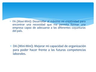 FA (Maxi-Mini): Desarrollar al máximo mi creatividad para
encontrar una necesidad que me permita formar una
empresa capaz de adecuarse a las diferentes coyunturas
del país.




DA (Mini-Mini): Mejorar mi capacidad de organización
para poder hacer frente a las futuras competencias
laborales.
 