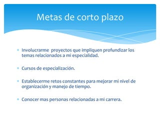 Metas de corto plazo


Involucrarme proyectos que impliquen profundizar los
temas relacionados a mi especialidad.

Cursos de especialización.

Establecerme retos constantes para mejorar mi nivel de
organización y manejo de tiempo.

Conocer mas personas relacionadas a mi carrera.
 