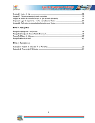6
Grafico 24: Motivo de viaje......................................................................................................................................................52
Grafico 25: Días o épocas de preferencia para viajar ......................................................................................................53
Grafico 26: Medios de comunicación por los que se enteró del destino......................................................................53
Grafico 27: Lugar de alojamiento y noches promedio en el destino .............................................................................54
Grafico 28: Calificación servicios y facilidades turísticas del destino..............................................................................55
Lista de Fotografías
Fotografia 1:Aeropuerto Los Garzones..................................................................................................................................19
Fotografia 2:Aeropuerto Antonio Roldán Betancourt.........................................................................................................19
Fotografia 3:Playas de Arboletes.............................................................................................................................................39
Fotografia 4:Volcán de lodo......................................................................................................................................................40
Lista de Ilustraciones
Ilustración 1: Trazado de Autopistas de las Montañas.....................................................................................................33
Ilustración 2: Resumen perfil del turista ...............................................................................................................................54
 
